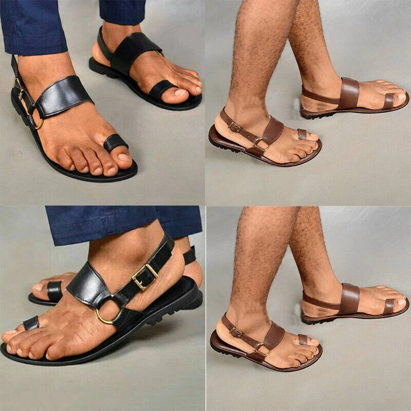 Mens Sandals Vintage Toe Ring Pu Leather Flats Shoes Comfortable Beach Slippers