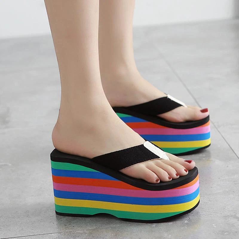 Womens Flat Platform Sandals Flip-flops Shoes Rainbow Color Beach Slipper Casual