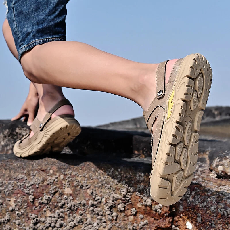 Summer Men Casual Sandals Genuine Leather Handmade Breathable Beach Slippers