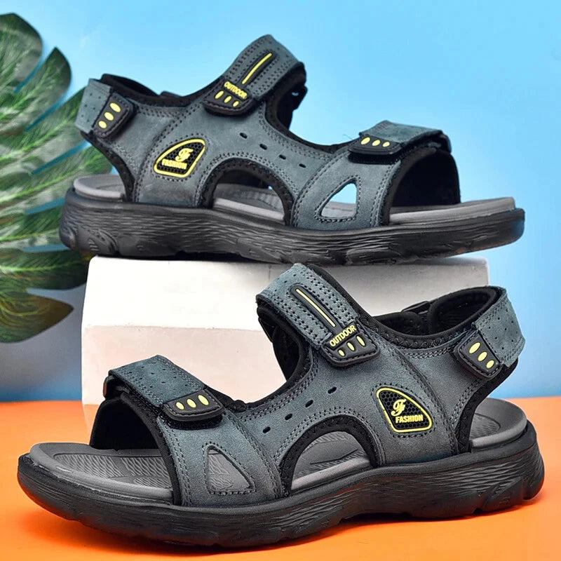 Summer Men Genuine Leather Sandals Classic Walking Shoes Outdoor Beach Slippers