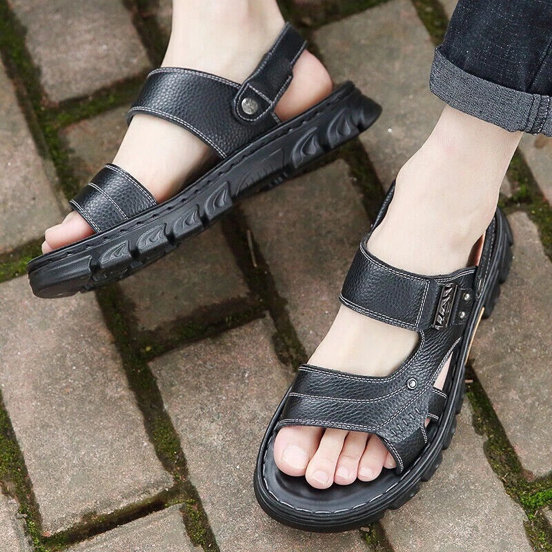 Mens Genuine Leather Sandals Summer Casual Sports Beach Shoes Soft Home Slippers