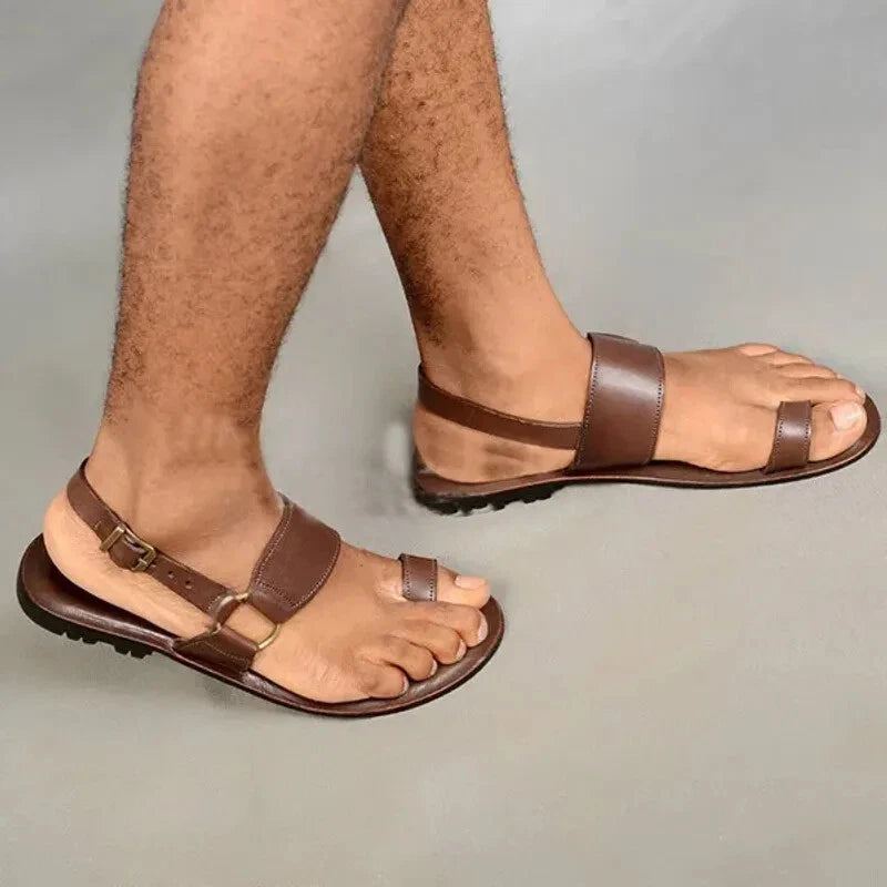 Men's Sandals Vintage Toe Ring PU Leather Male Flats Shoes Comfortable Travel