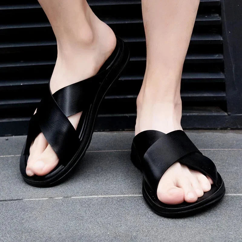 Men Open Toe Leather Sandals Beach Slides Casual Cork Footbed Slippers Summer