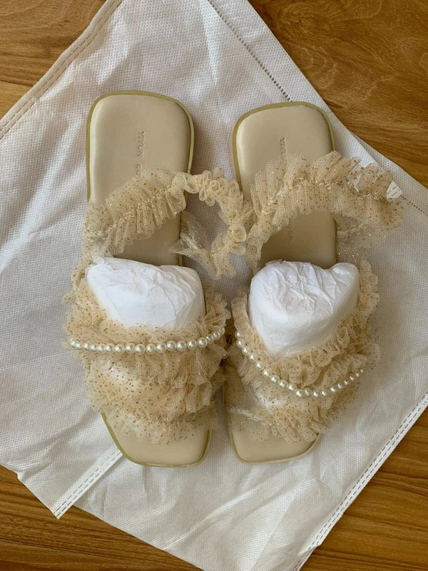 Retro lace pearl slippers women fashion flat beach sandal  36/6.5