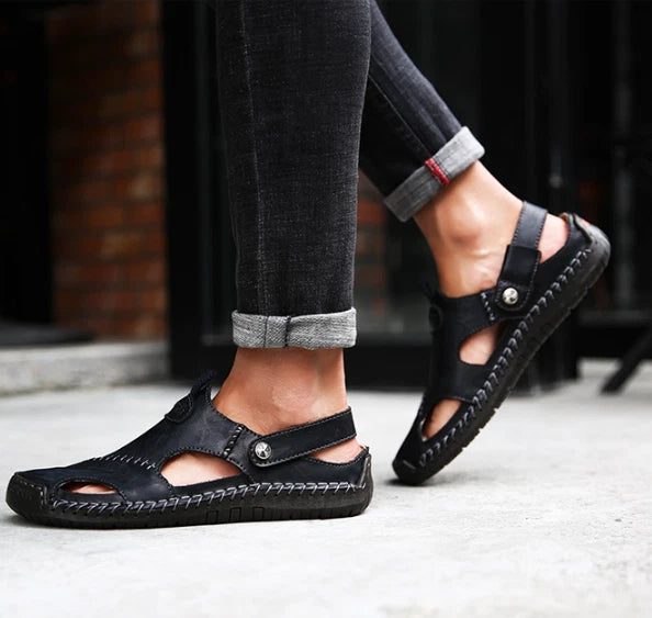 Summer Men Flat Non-slip Leather Sandals Casual Sports Beach Shoes Soft Slippers