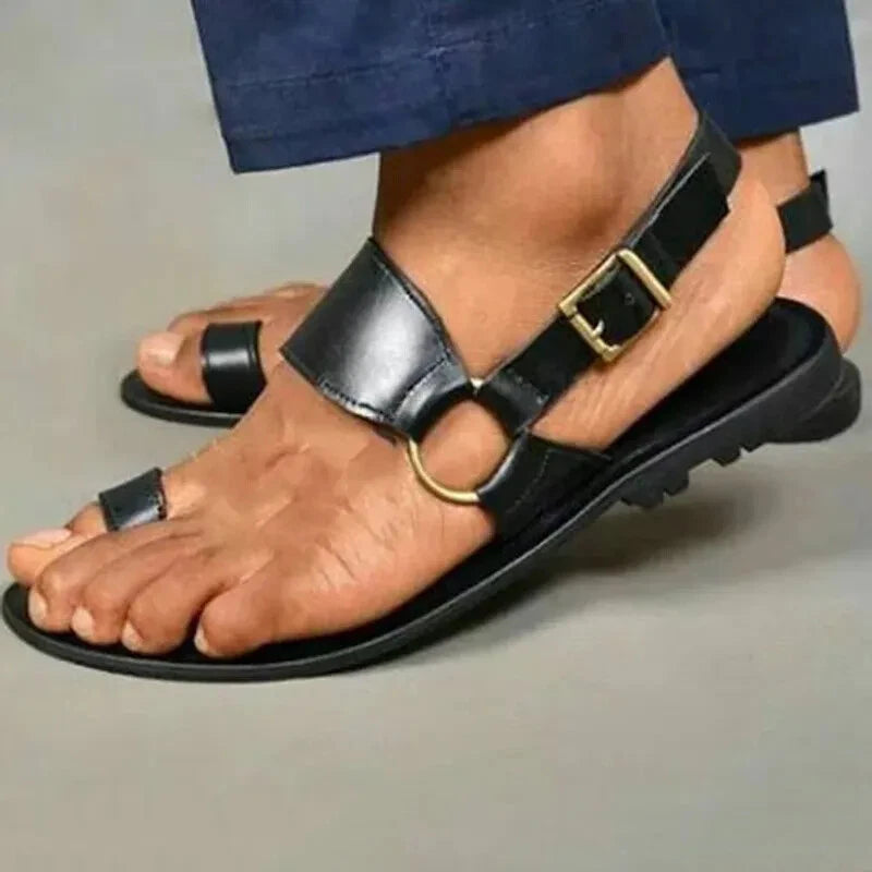 Men's Sandals Vintage Toe Ring PU Leather Male Flats Shoes Comfortable Travel