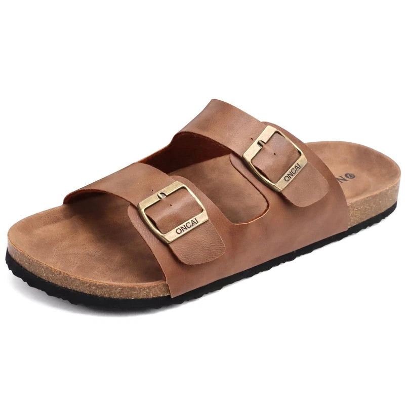 Men's Size 7-13 Beach Slides Sandals, Cork Footbed Slippers, Adjustable Straps