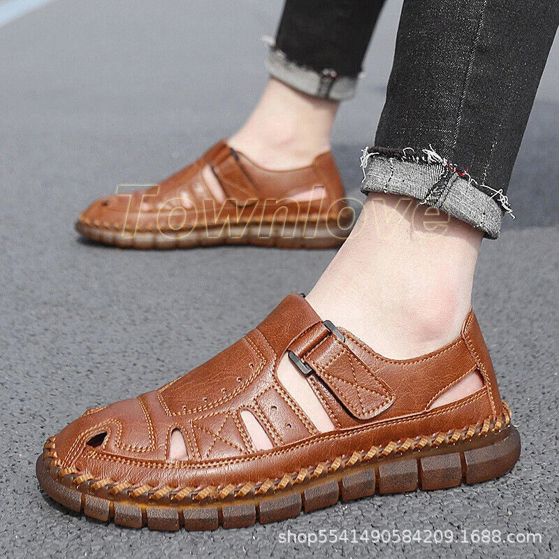 Summer Mens Leather Sandals Casual Sports Beach Shoes Soft Home Slippers Flat