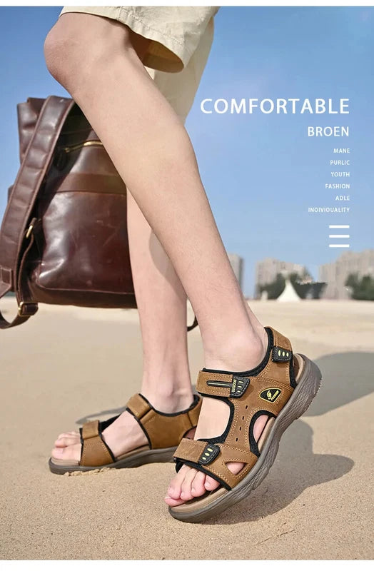 Summer Men Genuine Leather Sandals Classic Walking Shoes Outdoor Beach Slippers