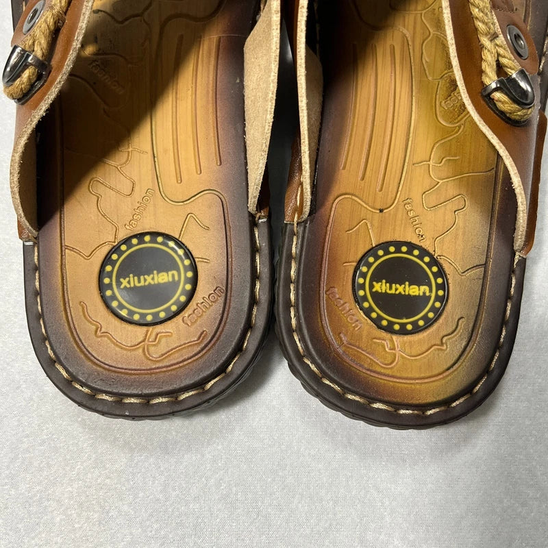 Xiu Xian Men Leather Thong Flip Flop Sandals Brown Slippers Coastal Beach