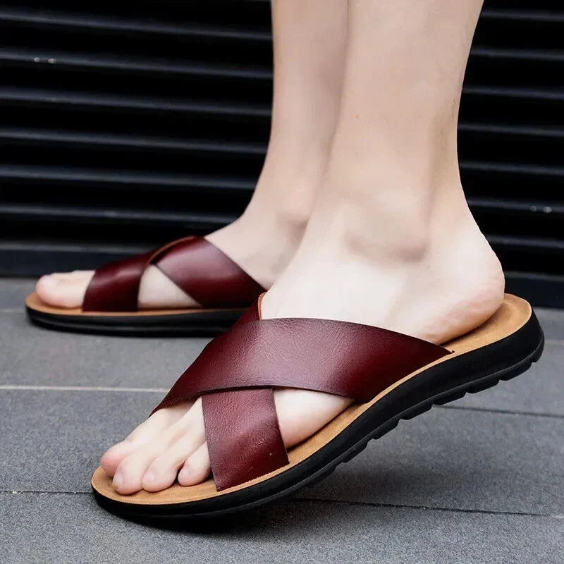 Men Open Toe Leather Sandals Beach Slides Casual Cork Footbed Slippers Summer