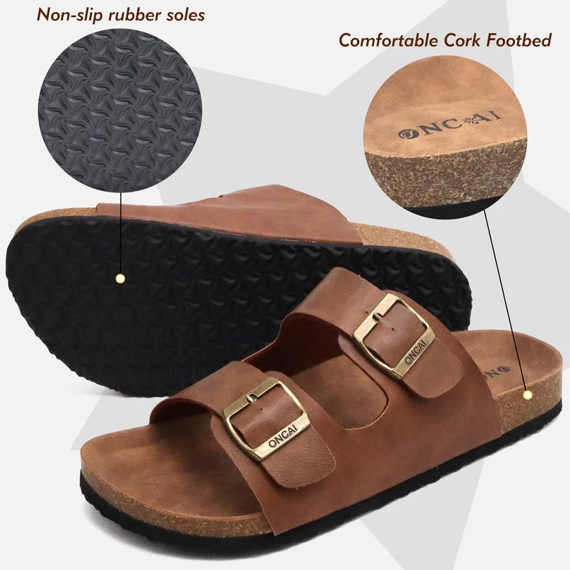 Men's Size 7-13 Beach Slides Sandals, Cork Footbed Slippers, Adjustable Straps