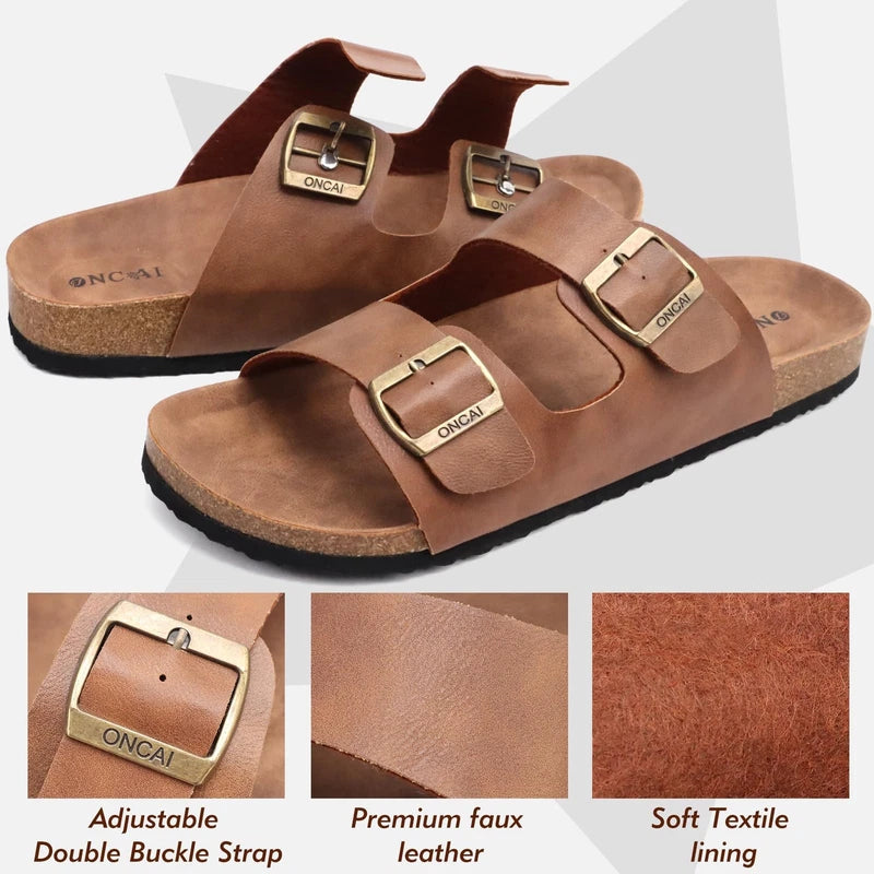 Men's Size 7-13 Beach Slides Sandals, Cork Footbed Slippers, Adjustable Straps