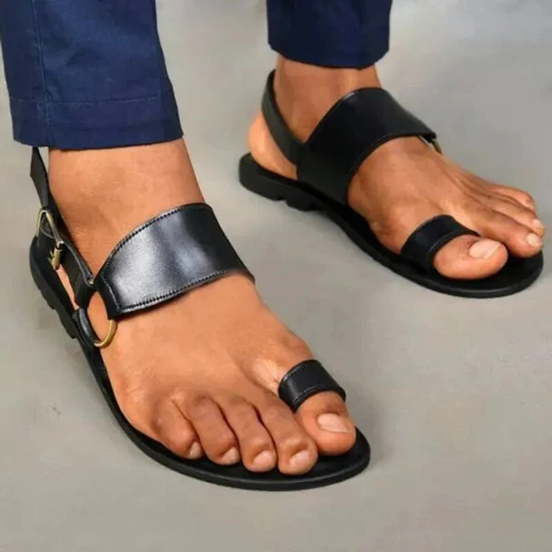 Men's Sandals Vintage Toe Ring PU Leather Male Flats Shoes Comfortable Travel
