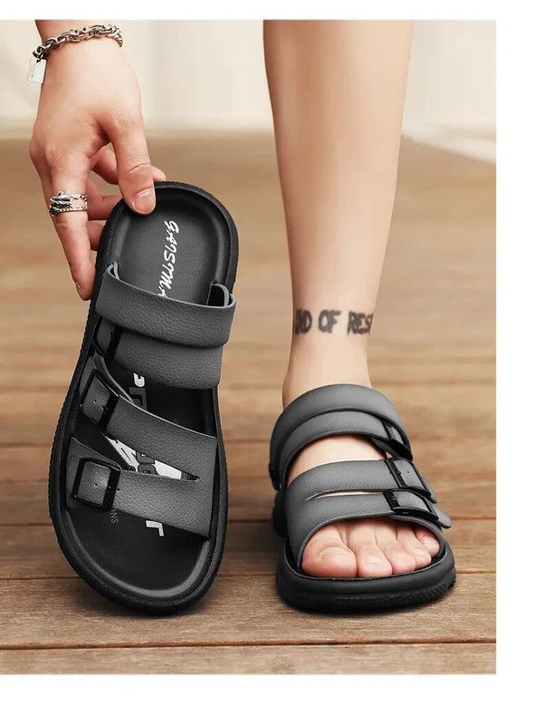 Summer Open Toe Slippers Sandals Hollow Out Faux Leather Men's Flats Beach Shoes