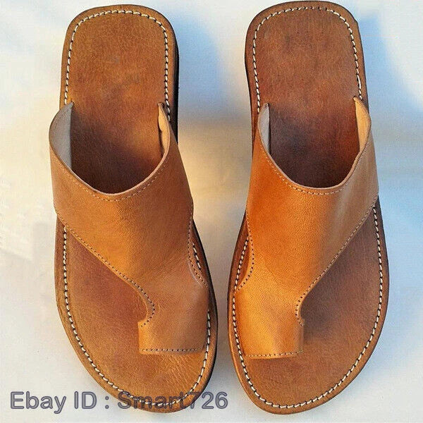 Mens Leather Sandals Shoes Beach Casual Summer Flip Flops Retro Flats Slippers