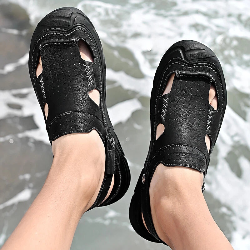 Summer Men Casual Sandals Genuine Leather Handmade Breathable Beach Slippers