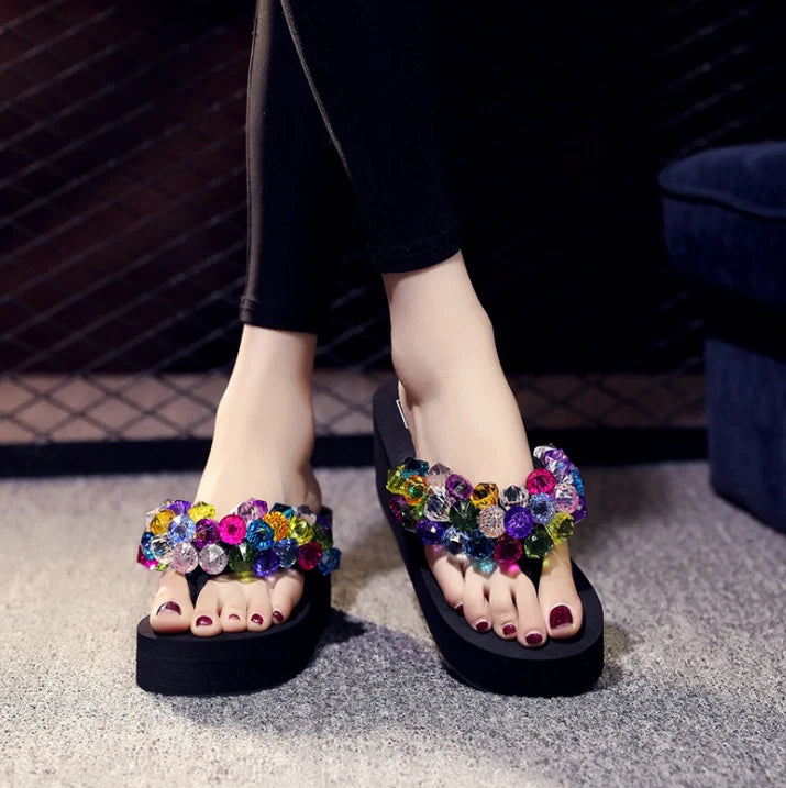 Womens Rhinestone Flip Flops Wedge Heels Platform Sandals Summer Slippers Shoes