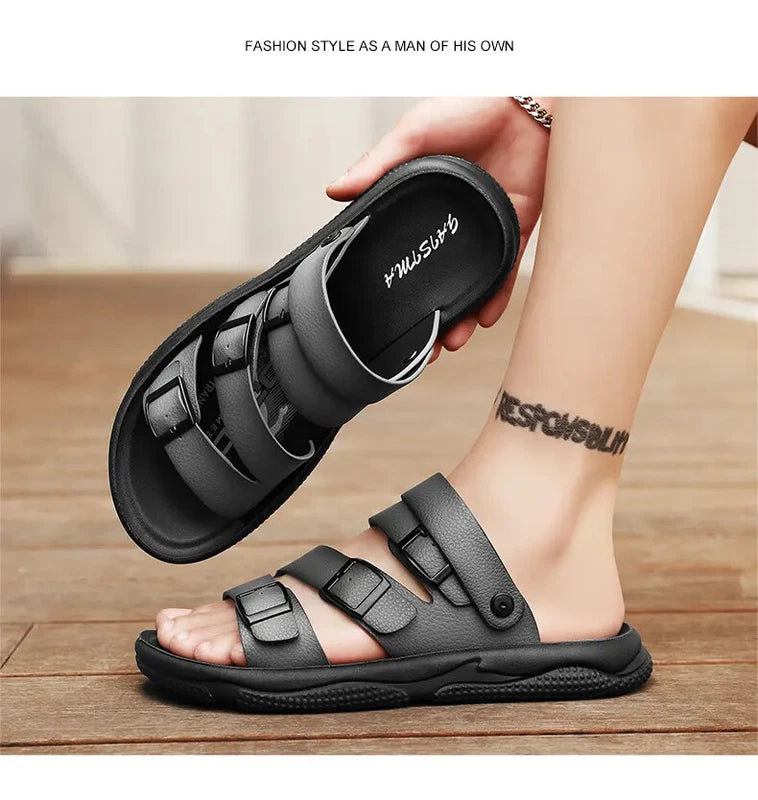 Summer Open Toe Slippers Sandals Hollow Out Faux Leather Men's Flats Beach Shoes