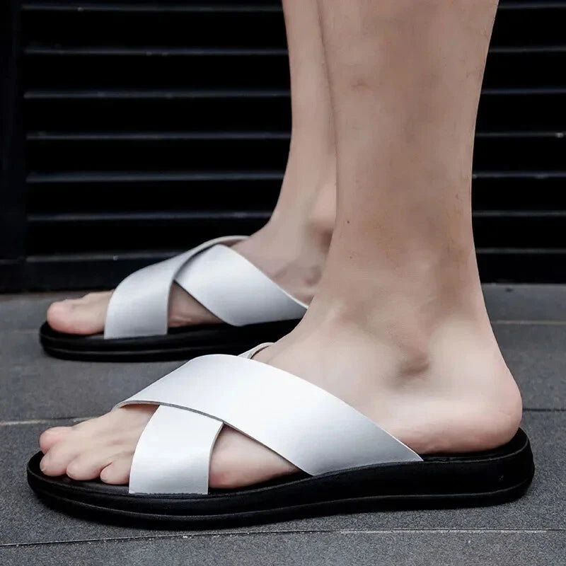 Men Open Toe Leather Sandals Beach Slides Casual Cork Footbed Slippers Summer