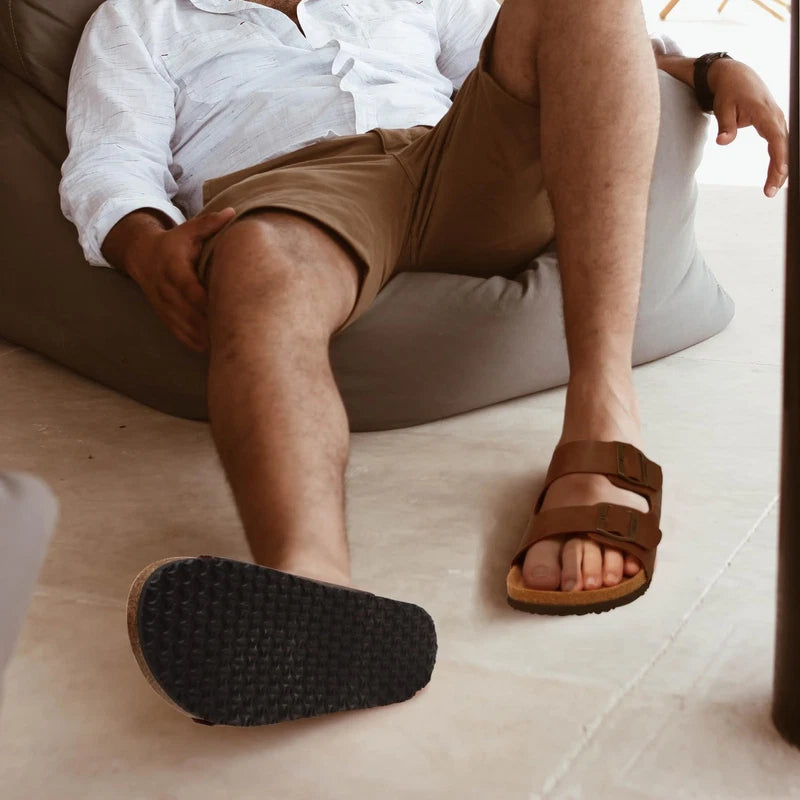 Men's Size 7-13 Beach Slides Sandals, Cork Footbed Slippers, Adjustable Straps