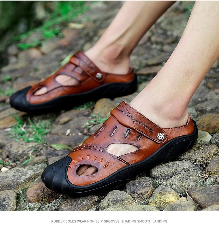 Summer Men Beach Slipper Rome Genuine Leather Trekking Shoes Non-slip Sandals