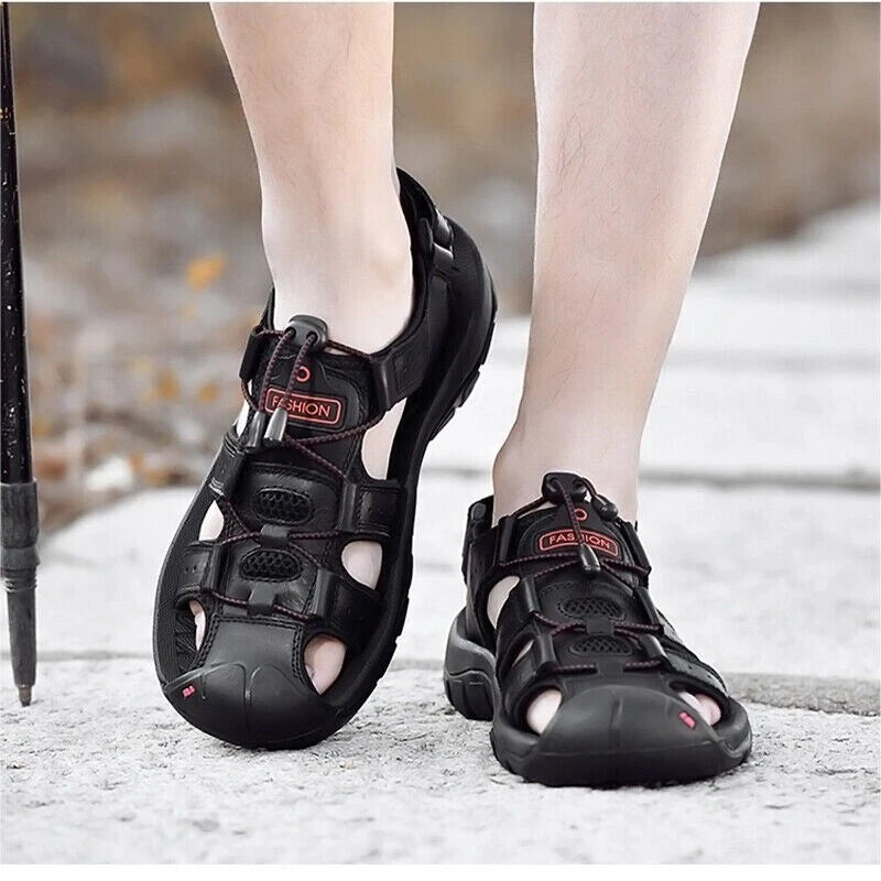 Summer Men's Leather Sandals Closed Toe Beach Nonslip Outdoor Sport Hiking Shoes
