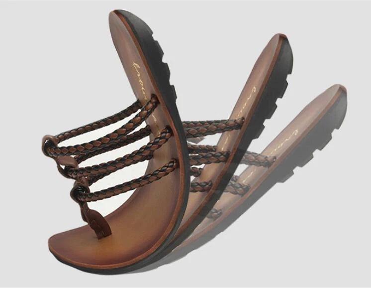 Summer Beach Men Leather Slipper Strappy Flat Roman Shoes Slingback Thong Sandal