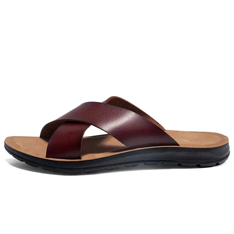 Men Open Toe Leather Sandals Beach Slides Casual Cork Footbed Slippers Summer
