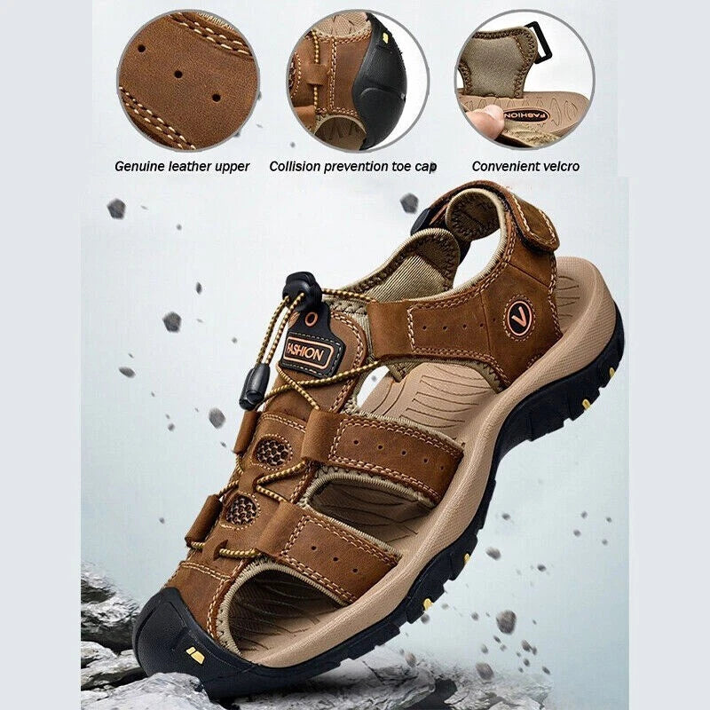 Summer Men's Leather Sandals Closed Toe Beach Nonslip Outdoor Sport Hiking Shoes