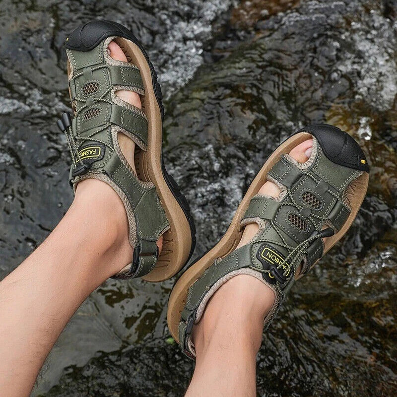 Summer Men's Leather Sandals Closed Toe Beach Nonslip Outdoor Sport Hiking Shoes