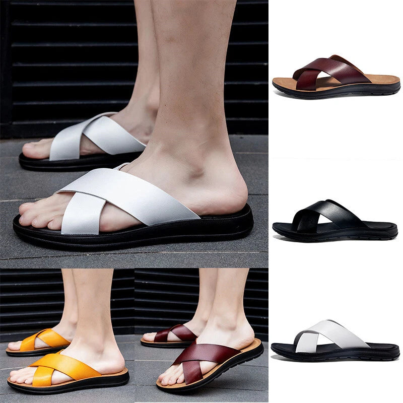 Mens Slippers Anti Skid Soles Men Beach Slip On Cross Strap Summer Casual Shoes