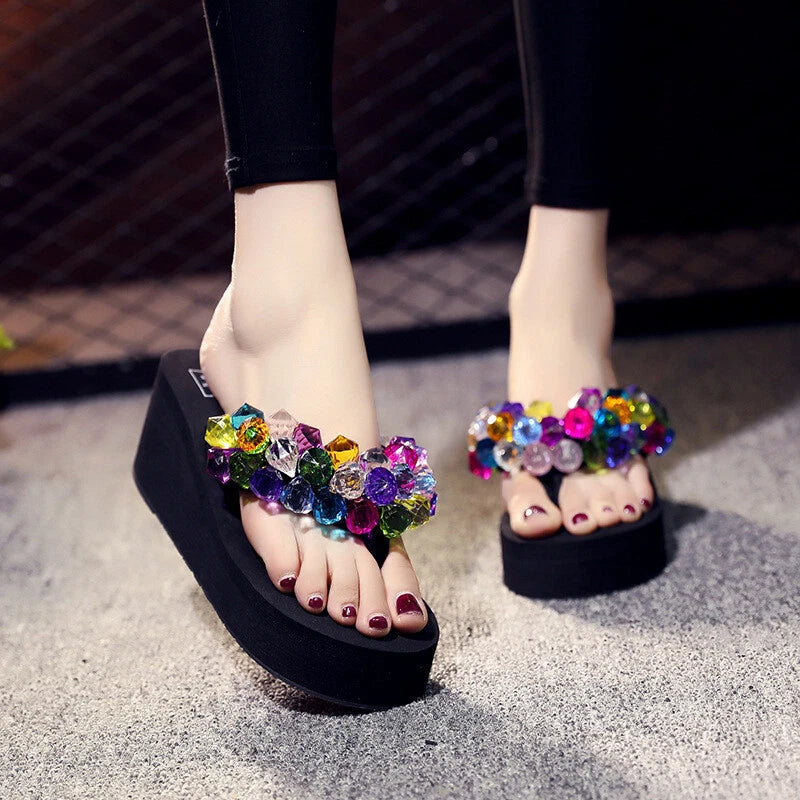 Womens Rhinestone Flip Flops Wedge Heels Platform Sandals Summer Slippers Shoes