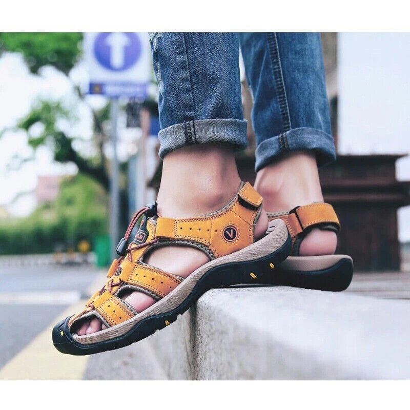 Summer Men's Leather Sandals Closed Toe Beach Nonslip Outdoor Sport Hiking Shoes