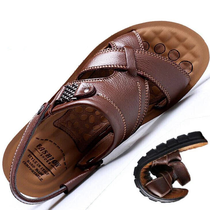 Summer Men's Leather Sandals Adjustable Casual Slippers Beach Holiday Shoes Size