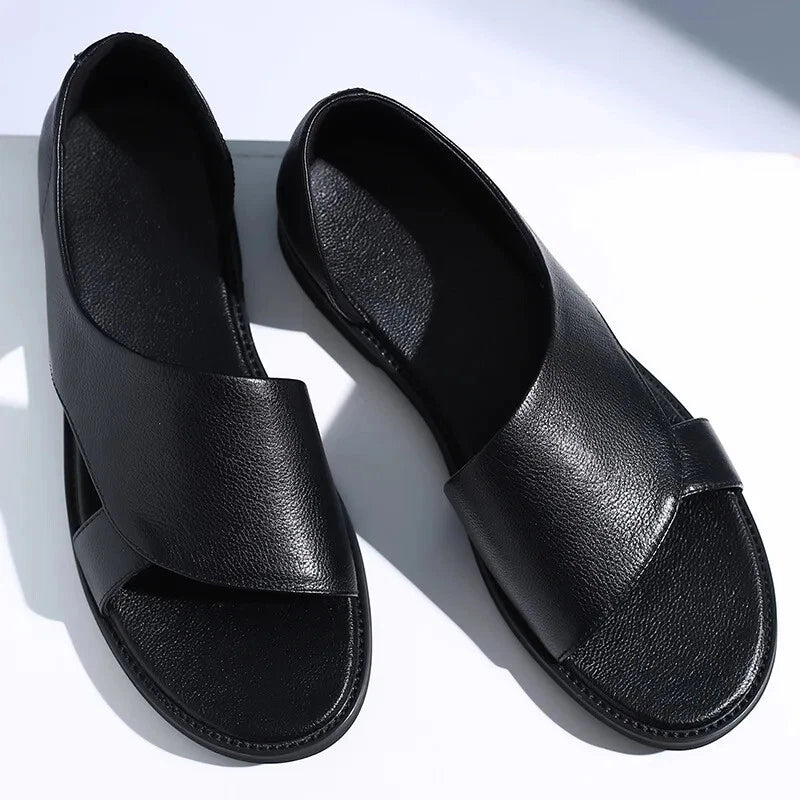 Summer Slippers Sandals Men Outdoor Flats Loafers Male Genuine Leather Hollow