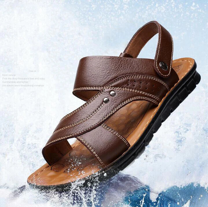 Summer Men's Sandals Real Leather Beach Water Shoes Casual Slip On Slippers New