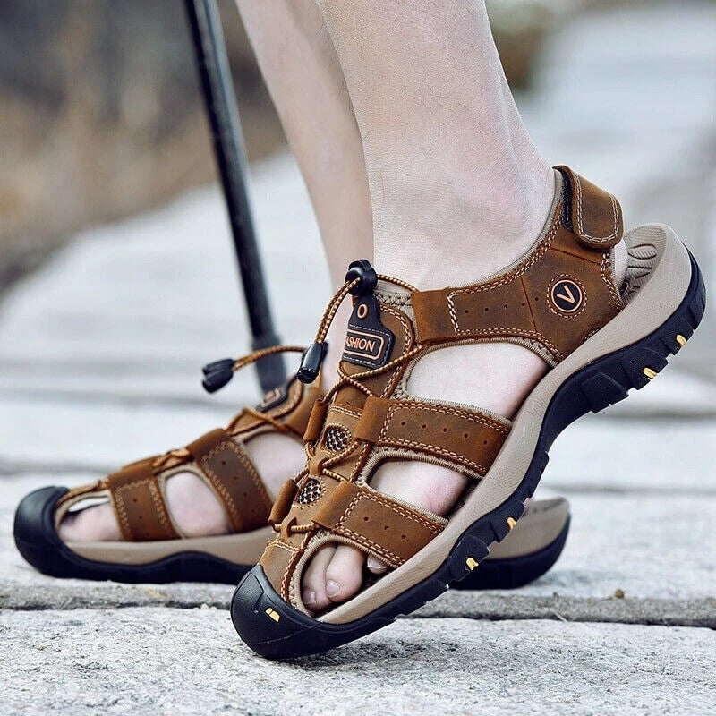 Summer Men's Leather Sandals Closed Toe Beach Nonslip Outdoor Sport Hiking Shoes