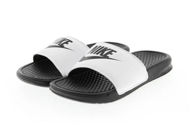 Nike Benassi JDI Swoosh Slides Sandals Slipper White Black Size 7 343880-100