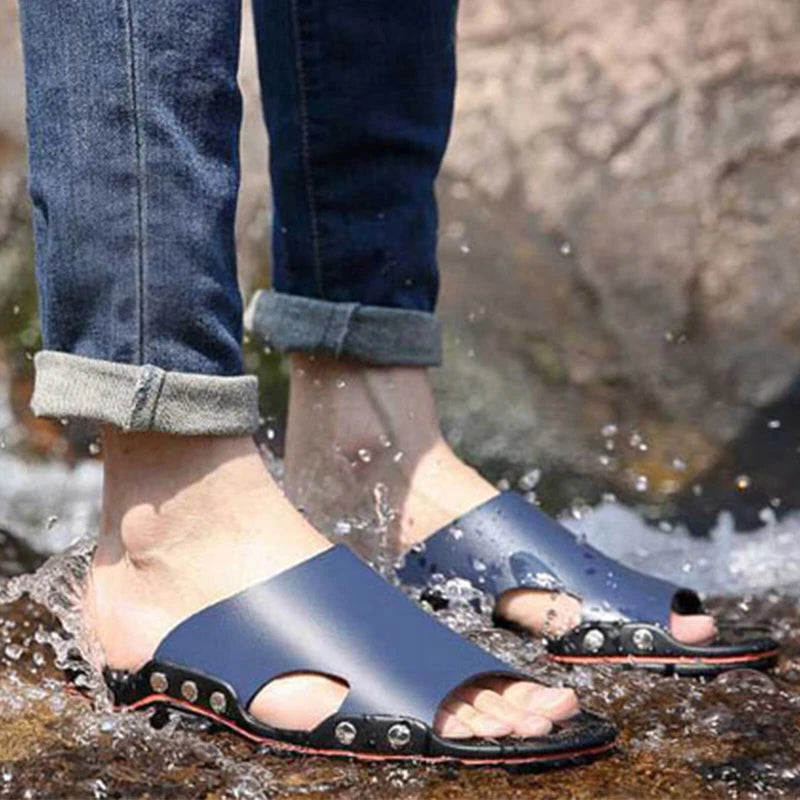 New Mens Leather Casual Sandals Beach Shoes Anti-slip Flat Slippers US Size 11.5