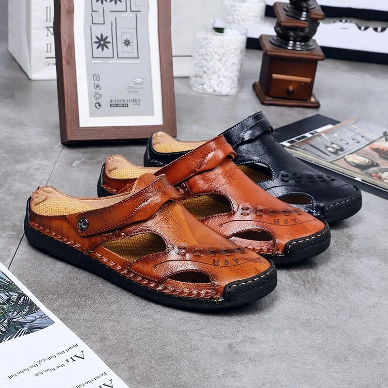 Summer Men's Sandals Leather Outdoor Soft Flat Sneakers Hollow Beach Slipper