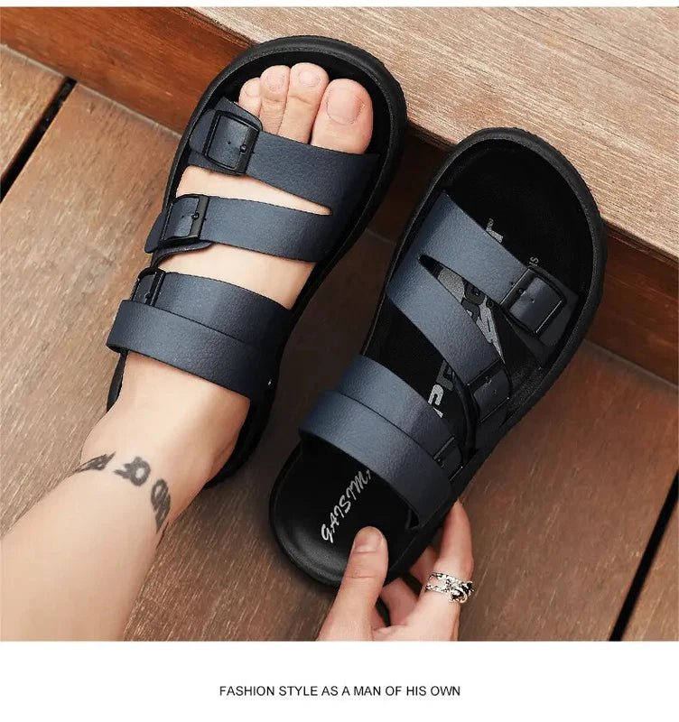 Summer Open Toe Slippers Sandals Hollow Out Faux Leather Men's Flats Beach Shoes