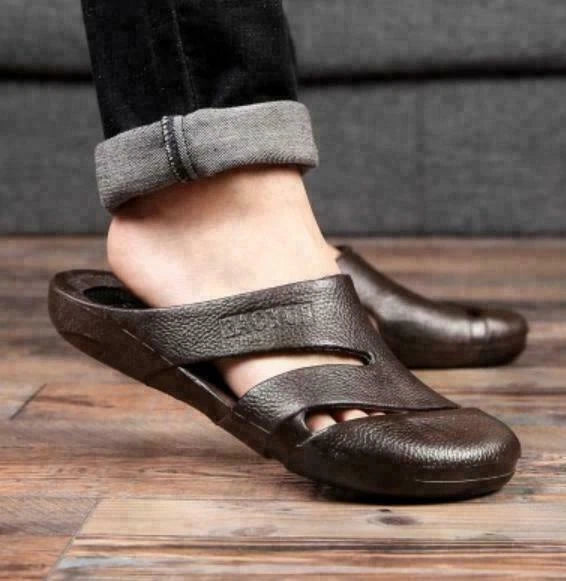 Mens Faux Leather Closed Toe Mules Slippers Summer Beach Slides Sandals Shoes