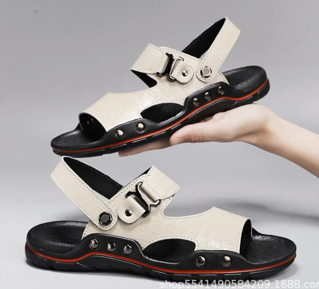 Summer Mens Beach Open Toe Driving Leather Flats Sandals Outdoor Casual Slippers