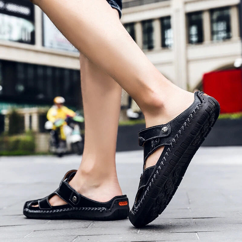 Summer Men's Sandals Leather Outdoor Soft Flat Sneakers Hollow Beach Slipper