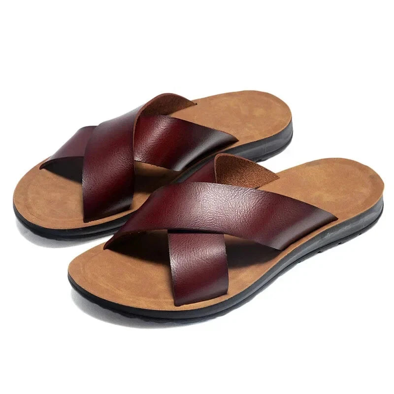 Men Open Toe Leather Sandals Beach Slides Casual Cork Footbed Slippers Summer