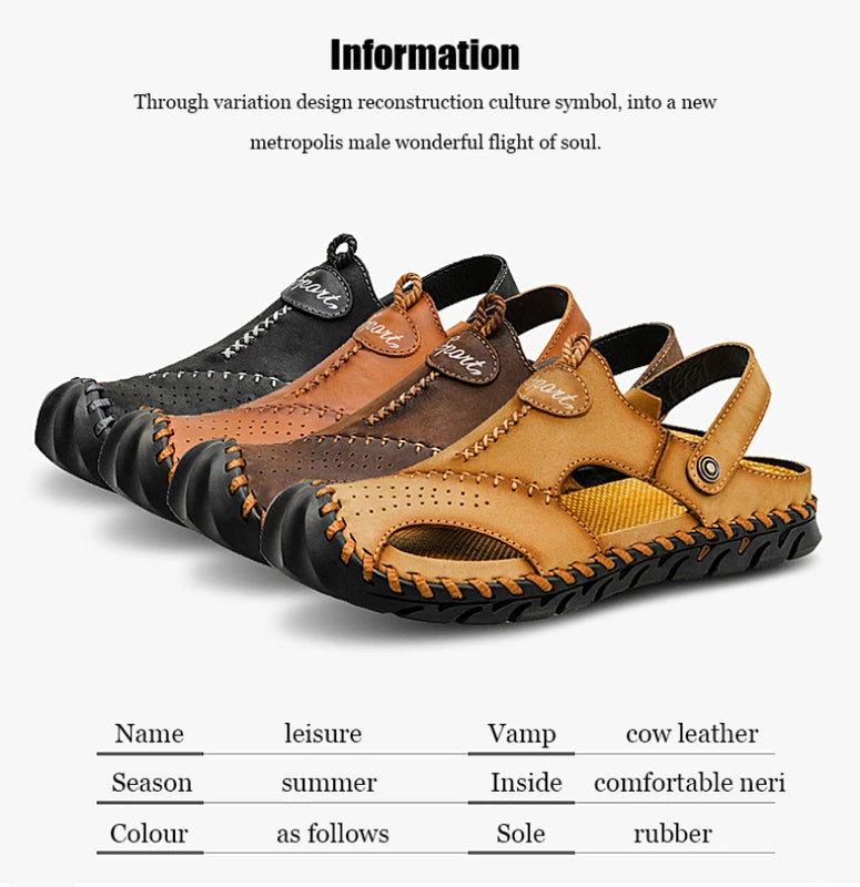 Summer Genuine Leather Beach Mens Sandals Soft Breathable Shoes Outdoor Slippers