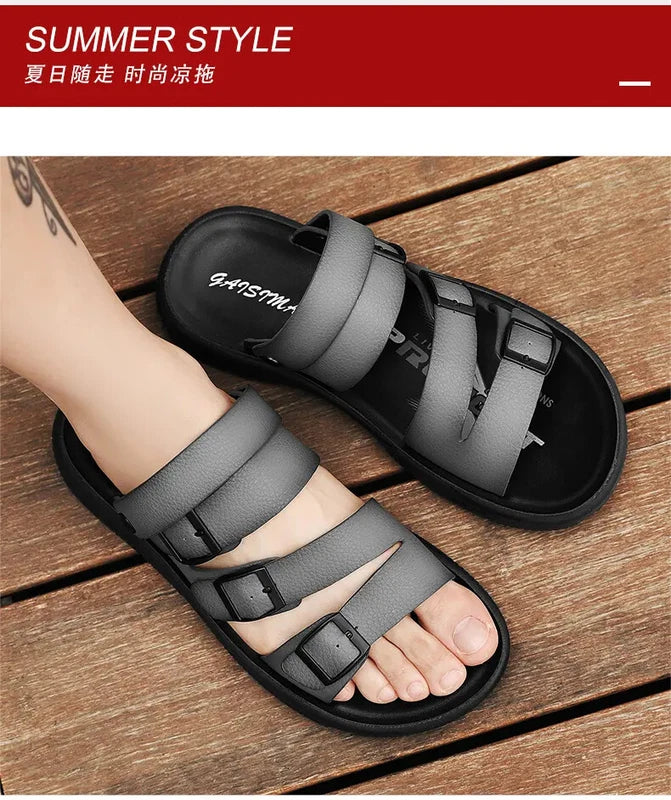 Summer Open Toe Slippers Sandals Hollow Out Faux Leather Men's Flats Beach Shoes