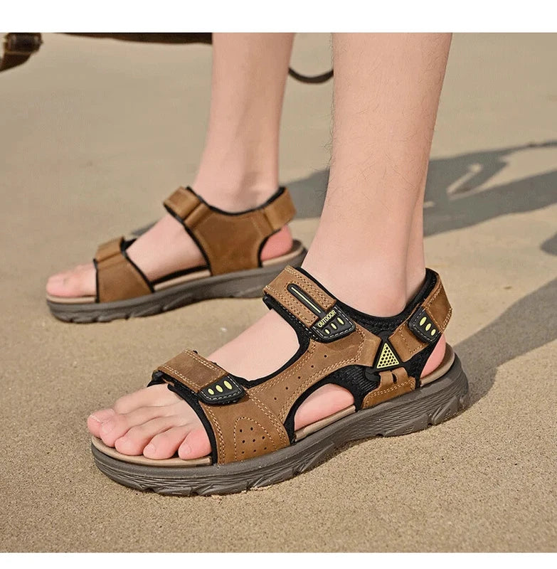Summer Men Genuine Leather Sandals Classic Walking Shoes Outdoor Beach Slippers