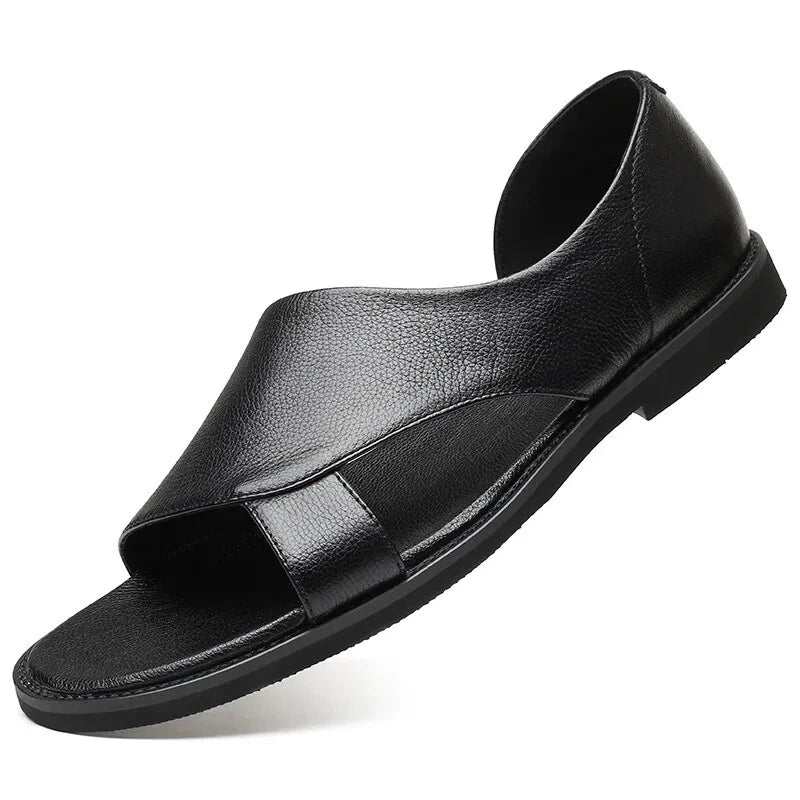 Summer Slippers Sandals Men Outdoor Flats Loafers Male Genuine Leather Hollow